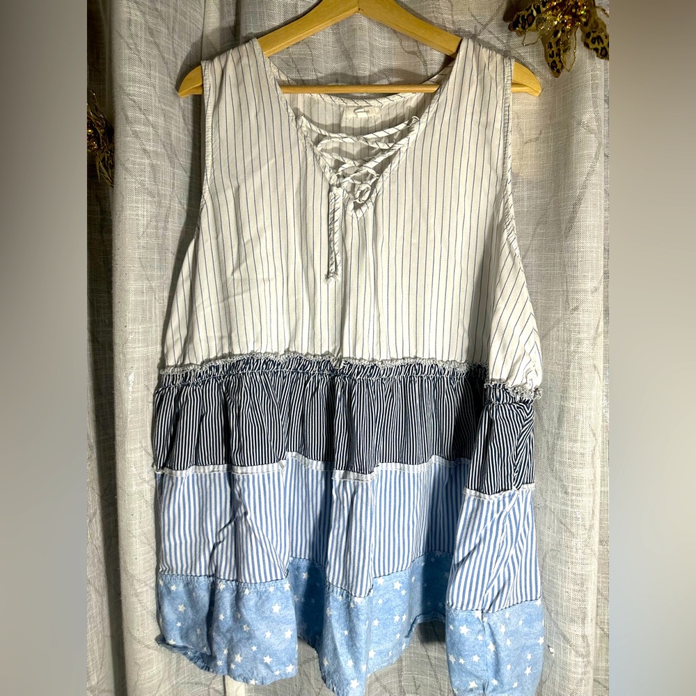 Maurices Blue and White Sleeveless Tiered Blouse